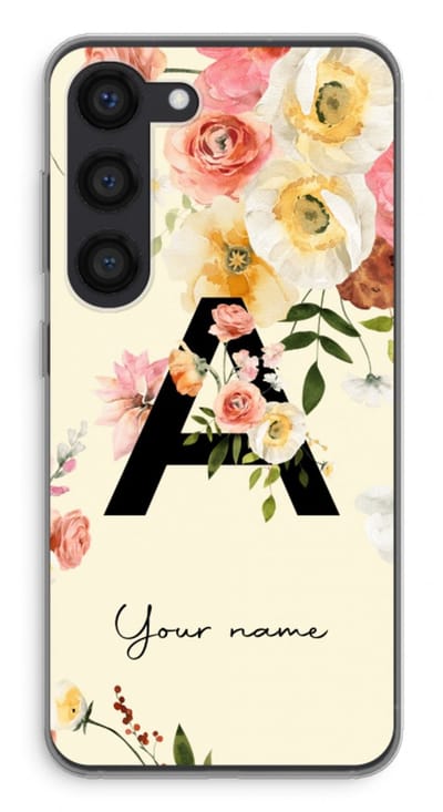 Gepersonaliseerd - Case Company® - Hoesje geschikt voor Samsung Galaxy S23 hoesje - Flirty Flowers Monogram - Soft Cover Telefoonhoesje - Bescherming aan alle Kanten en Schermrand