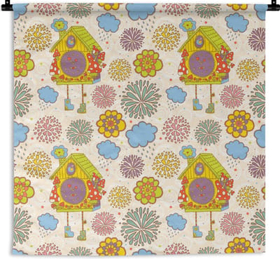 Wandkleed - Wanddoek - Koekoeksklok - Patronen - Paddenstoel - Bloemen - 180x180 cm - Wandtapijt