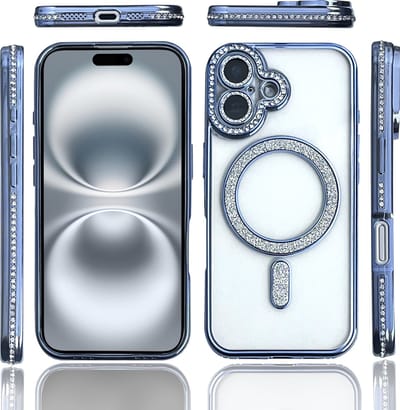 Hoesje Geschikt voor iPhone 16 Plus Magsafe hoes Lens beschermer Blauw – Luxe bling sprankelende diamant backcover
