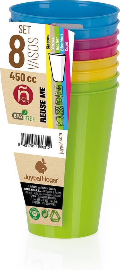 Juypal drinkbekers - 8x - multi - kunststof - 450 ml - herbruikbaar - BPA-vrij