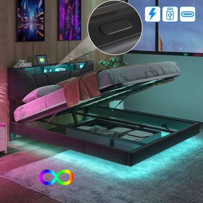 Modern gestoffeerd bed, zwart PU-leren tweepersoonsbed, 160x200cm Functioneel bed met USB-aansluiting en LED-verlichting Verborgen opbergruimte (verzonden in 2 pakketten)