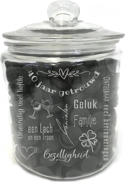 Grote snoeppot /koekpot (zonder drop) met tekst gravure 40 JAAR GETROUWD. Cadeau-40 jarige bruiloft-trouwdag. Dik sterk glas. Het formaat is 25cm incl. deksel, 19cm doorsnede, inhoud 3,8 liter.