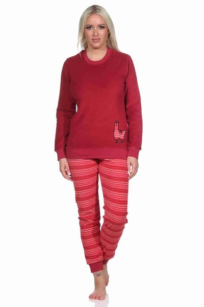 Dames badstof pyjama, broek gestreept, top met schattig dierenmotief - ook in oversize