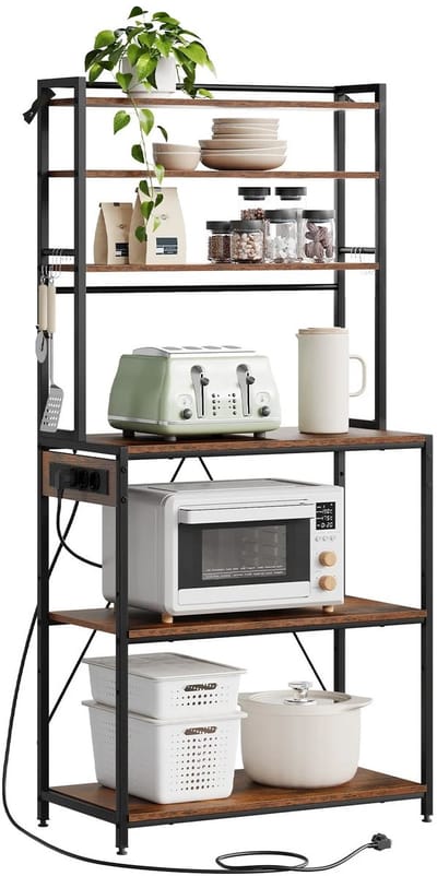 NordHaus Keukenrek - Opbergrek met Stopcontact - 6-Laags Magnetronrek met Haken - Verstelbare Planken 80x39,5x167 cm