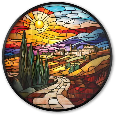 Poster in lijst Rond - Fotolijst 60x60 cm - Posters - Mozaïek - Zon - Landschap - Dorp - Ronde posterlijst zwart - Decoratie - Wanddecoratie woonkamer - Muurdecoratie slaapkamer