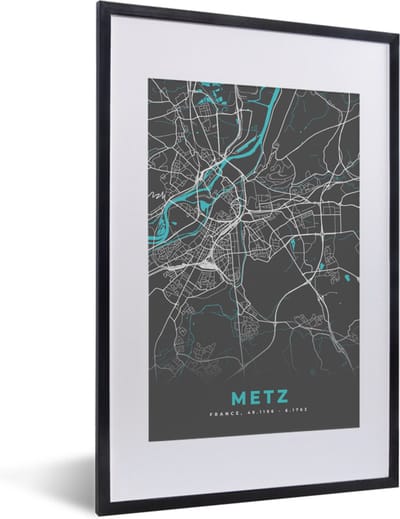 Fotolijst incl. Poster - Metz - Frankrijk - Plattegrond - Kaart - Stadskaart - 40x60 cm - Posterlijst