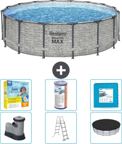 Bestway Rond Steel Pro MAX Zwembad - Steenprint - 488 x 122 cm - Inclusief Pomp - Ladder - Afdekzeil Onderhoudspakket - Filter - Vloertegels