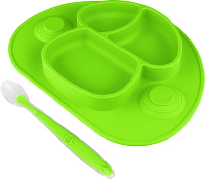 Nevi Kinderbord met Zuignap - Siliconen Babybord met Vakjes en Lepel - BPA vrij - Groen