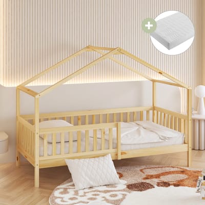 Sunny Kae Bedhuisje – Kinderbed Met Uitvalbeveiliging – 207 x 96 x 156,5 cm – Peuterbed Meisjes en Jongens – FSC 100% Hout – Huisbed 90x200 - Met Lattenbodem – Bedbank - Inclusief Matras – Naturel