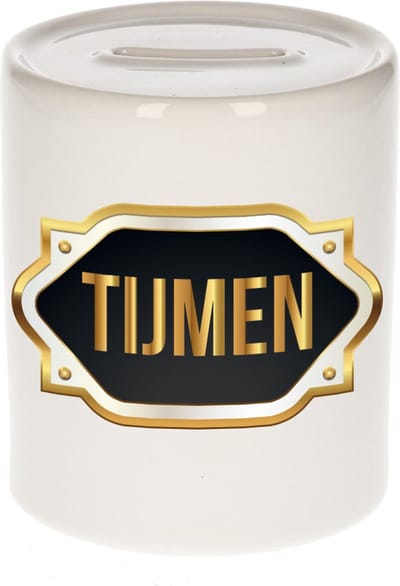 Spaarpot met voornaam Tijmen - wit - met goud/zwart embleem - 8 x 9 cm - keramiek - met afsluitdop - cadeau verjaardag