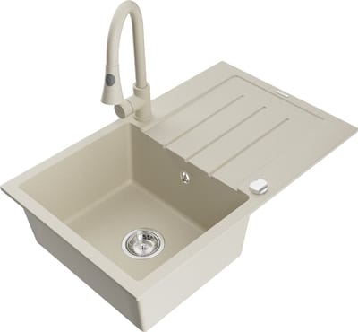 Mexen Bruno granieten gootsteen met 1 bak en afdruiprek en keukenmengkraan Elia, beige - 6513-69-670101-69