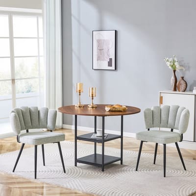 FloraGrace Tafel- En Stoelenset 107 Cm - Met Dubbele Opberglagen En Bloemvormige Stoelen - Voor Eetkamer En Kleine Ruimtes - MDF En Metaal - Lichtbeige En Walnootzwart