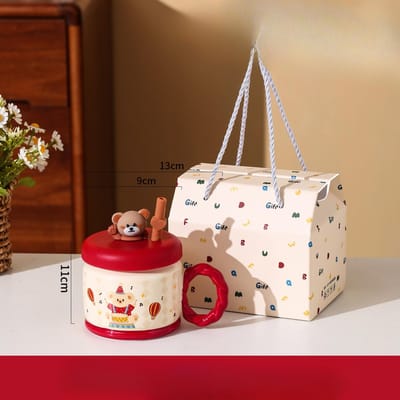 Circus Koffie Keramische Kop met Grote Capaciteit Waterbeker Mok met Deksel met Lepel Drinkwaterbeker Verjaardagscadeau 520ML white