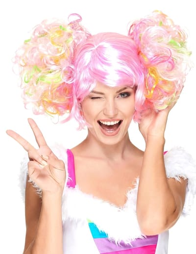 "Licht roze pruik met gekleurde krulstaarten - Verkleedpruik - One size"