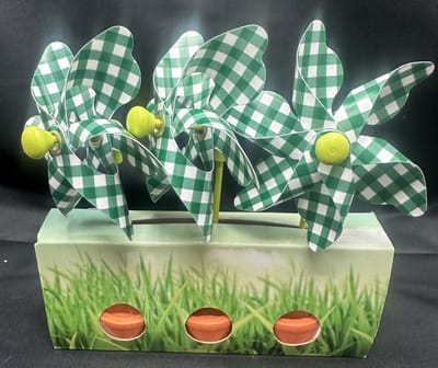 Set van 3 decoratieve windmolentjes in pot - kunststof+houten steker "groen ruit motief"- meerkleurig + oranje potjes- dia 9 cm x hoogte 16 cm - Tuinaccessoires - tuinstekers