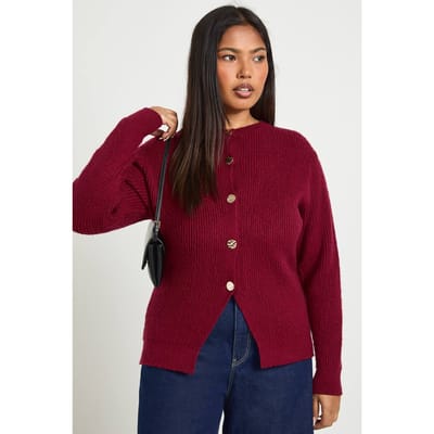 boohoo Dames Plus Gouden Knoop Ronde Hals Gebreide Cardigan | Plum | Maat: 28