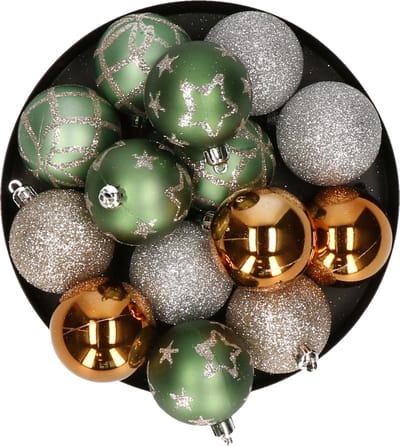 Feeric Christmas Kerstballen - 15x stuks - champagne/groen/oker - 5 cm - kunststof