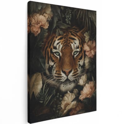 Artaza Canvas Schilderij Tijger - Botanisch - Bloemen - 60x80 cm - Wanddecoratie Woonkamer - Schilderijen - Muurdecoratie