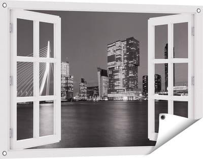 Gards Tuinposter Doorkijk Rotterdamse Skyline - Zwart Wit - 90x60 cm - Tuindoek - Tuindecoratie - Wanddecoratie buiten - Tuinschilderij