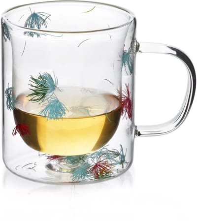 MONDEX - PETER FLOWERS Mok - 400ml 8,5x12,5xh11cm - DUBBELWANDIG - GLAS - Theeglas - Koffieglas - Droogbloemen - Rood groen