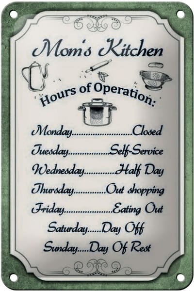 Blechschild Spruch 12x18cm Mom`s Kitchen Hours Operation
