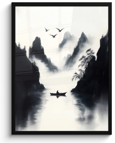 Poster in lijst - Fotolijst 50x70 cm - Posters - Roeiboot - Mistig - Bergen - Vogels - Posterlijst zwart - Decoratie - Wanddecoratie woonkamer - Muurdecoratie slaapkamer
