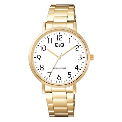Q&Q C34A-002PY - Horloge - Analoog - Heren - Mannen - stalen band - Rond - Metaal - Cijfers - Goudkleurig - Wit
