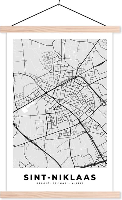 Posterhanger incl. Poster 40x60 cm - Schoolplaat - Stadskaart – Plattegrond – België – Zwart Wit – Sint Niklaas – Kaart - Textielposter - Blanke latten - Stadskaart