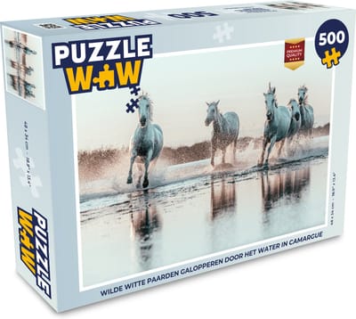 Puzzel Wilde witte paarden galopperen door het water in Camargue - Legpuzzel - Puzzel 500 stukjes