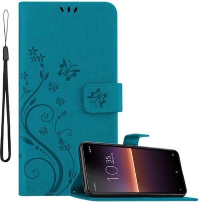 Cadorabo Hoesje geschikt voor Sony Xperia 10 II in BLOEMEN BLAUW - Beschermhoes in bloemmotief met magnetische sluiting, standfunctie en kaartsleuven Book Case Cover Etui