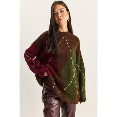 Oversized Gebreide Ruitpatroon Trui