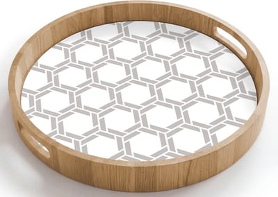 Dienblad rond 40x40 cm - Schootdienblad hout - Grafisch - Patroon - Modern - Borrelplank rechthoek - Plateau houten dienbladen