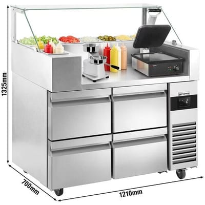 GGM Gastro Zubereitungstisch - 1210mm - 4 Schubladen - für 9x GN 1/6 - inkl. Kontaktgrill & Hamburgermaschine Zilver