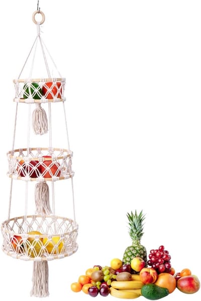 Hangende fruitmand met 3 niveaus, bohemian stijl, geweven wandmand voor keukenopslag en levensmiddelenorganisatie