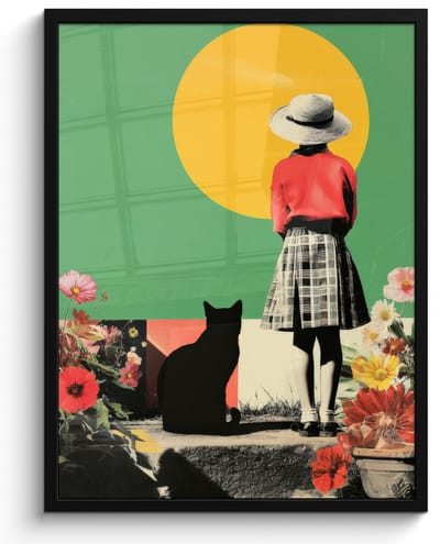 Poster in lijst - Fotolijst 60x80 cm - Posters - Retro - Meisje - Kat - Zon - Posterlijst zwart - Decoratie - Wanddecoratie woonkamer - Muurdecoratie slaapkamer
