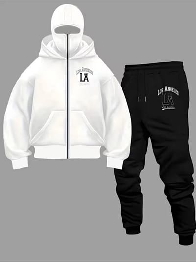 Trendy Los Angeles Stijlvolle Hoodie en Joggingbroek Set - Comfortabele, Modieuze Trainingsoutfit voor Dames en Heren - Wit Zwart - 2XL-3XL