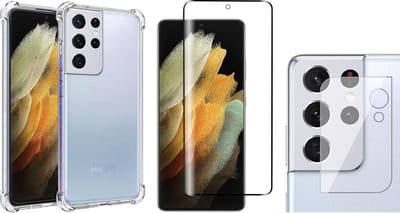 Hoesje geschikt voor Samsung Galaxy S21 Ultra - Screenprotector GlassGuard & Camera Lens Screen Protector - Back Cover Case ShockGuard Transparant