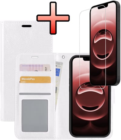 Hoesje - Met Screenprotector - Geschikt voor Apple iPhone 16e / 17e - Luxe Pasjeshouder - Bookcase Portemonee - Flip Case - Kunstleer Book Case - Flipcase - Book Cover - Walletcase - Portemonneehoes - Wit