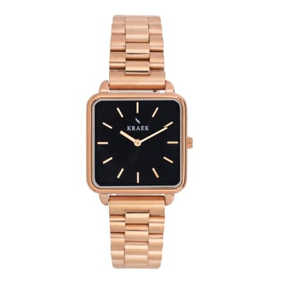 KRAEK Flory Rosé goud Met Zwarte Wijzerplaat 28 mm | Dames Horloge | Rosé goud stalen horlogebandje | Vierkant | Minimaal Design | Schakelband
