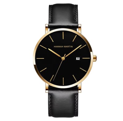 Hannah Martin Heren Horloge Zwart | Zwart Plaat | Bruin Lederen Polsband | Goudkleurig Wijzers | Heren Horloges | Horloges |