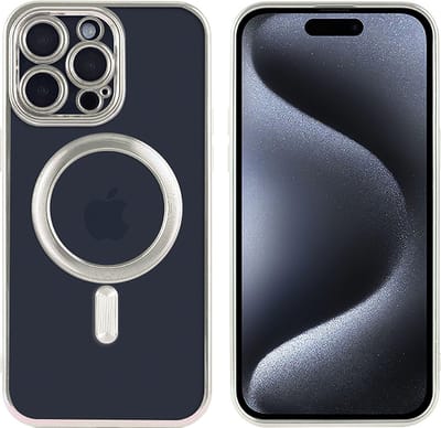 Hoesje Geschikt voor iPhone 15 Pro Max Magsafe hoes - Lens beschermer – backcover – Transparant / Zilver