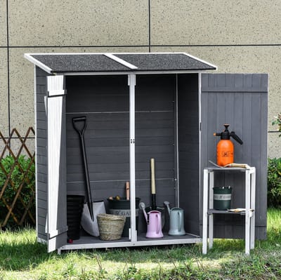 Wishdor - Gartenschrank - 2 deuren, afsluitbaar en met tafel - schuin dak - tuinberging - hout - grijs/wit - 139 x 75 x 160 cm
