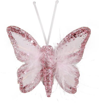 Decoratieve clip met veer en vlindermotief, roze en wit, 5x4,5 cm, 4 s