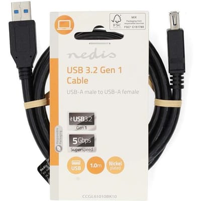 Nedis USB-Kabel - USB 3.2 Gen 1 - USB-A Male - USB-A Female - 5 Gbps - Vernikkeld - 1.00 m - Rond - PVC - Zwart - Label