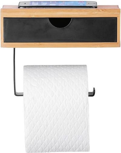 WENKO Toiletpapierhouder bamboe met praktische legplank van hoogwaardig bamboe, lade voor vochtige doeken, houder voor wandmontage, incl. bevestigingsmateriaal, 18,5 x 14 x 10,5 cm, natuur/zwart