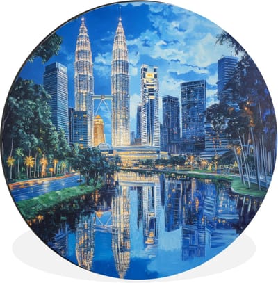WallCircle - Wandcirkel - Muurcirkel - Stad Kuala Lumpur - Skyline - Wolkenkrabbers - Water - Aluminium - Dibond - 30x30 cm - Binnen en Buiten