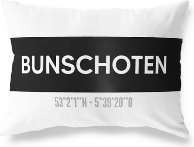 Tuinkussen BUNSCHOTEN - UTRECHT met coördinaten - Buitenkussen - Bootkussen - Weerbestendig - Jouw Plaats - Studio216 - Modern - Zwart-Wit - 50x30cm