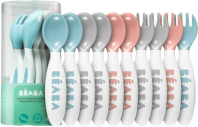 Béaba Bestekset Peuters - 10-delig - Ergonomisch & Veilig - 8+ Maanden – Inclusief Opbergetui – Roze, Blauw & Grijs