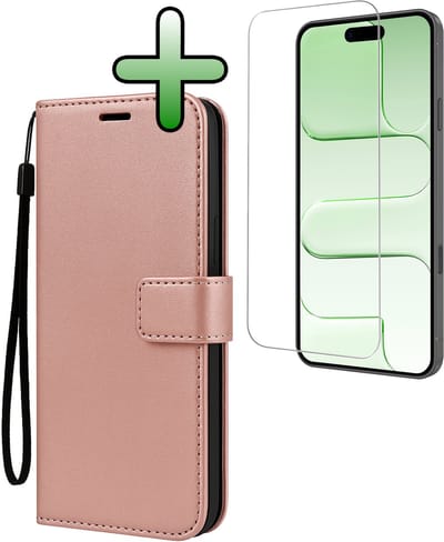 Hoesje Met Screenprotector - Geschikt voor Apple iPhone Air - Luxe Pasjeshouder - Bookcase Portemonee - Flip Case - Kunstleer Book Case - Flipcase - Book Cover - Walletcase - Portemonneehoes - Rosé goud