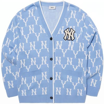Sweater cardigan à imprimé intégral logo MLB New York Yankees Pull unisexe Bleu clair 3AKCM0121-50BLL XXL white